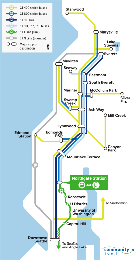 Schematic of how Snohomish County-oriented Community Transit and Sound Transit routes will be adjusted, if at all. (Community Transit)