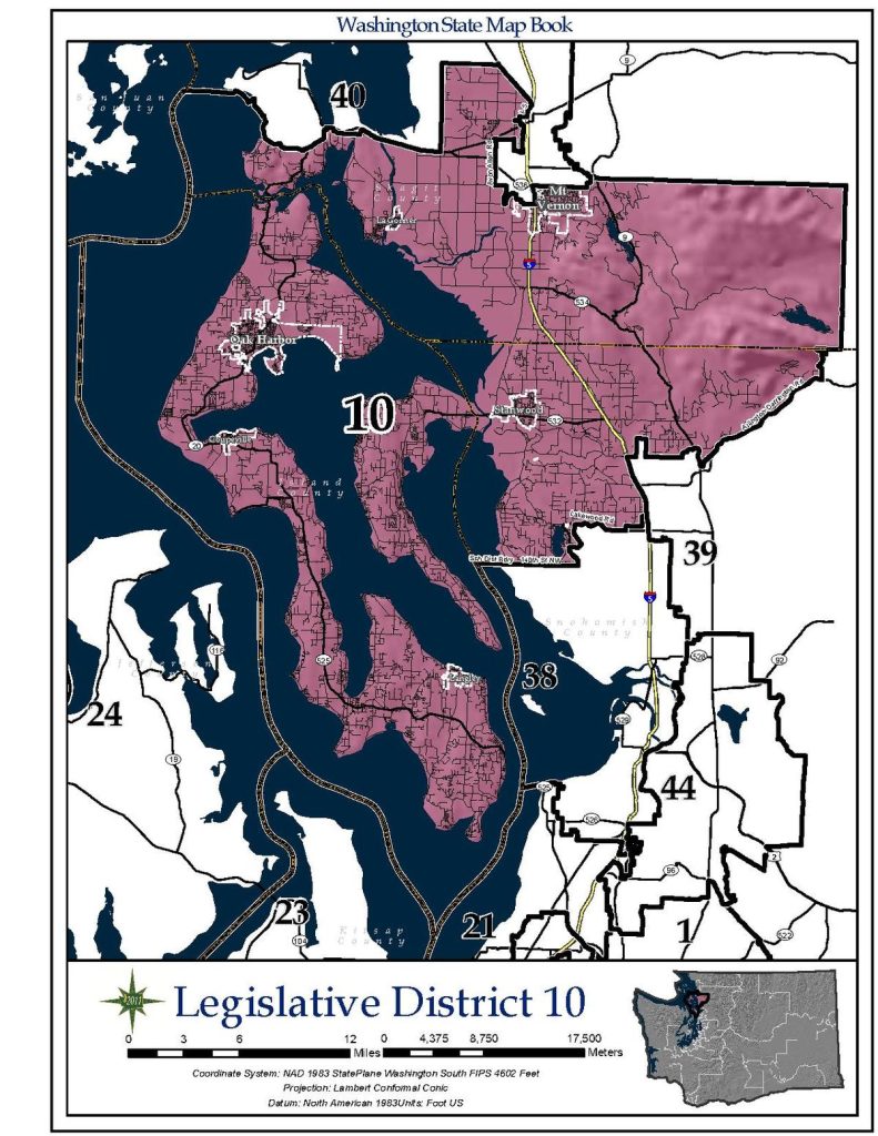 The district includes all of Island County, the northwestern tip of Snohomish, and the southwestern part of Skagit counties. Cities in the district include Oak Harbor, Coupeville, Langley, Mount Vernon, La Conner, and Stanwood.