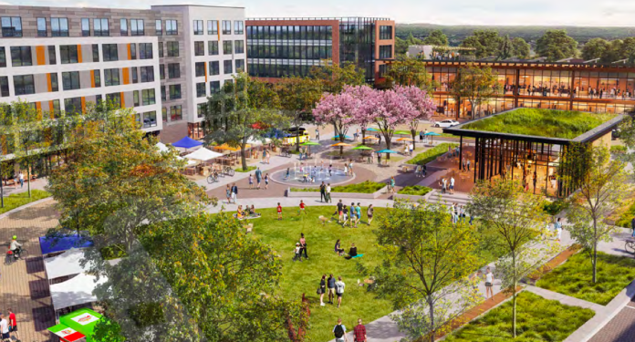 the heights town center vancouver A rendering shows a green space next to a plaza with a fountain where people are gathering. The top portion of the rendering show six story mixed use building and another five story mixed use building. There is a small building with a green roof on the right side.