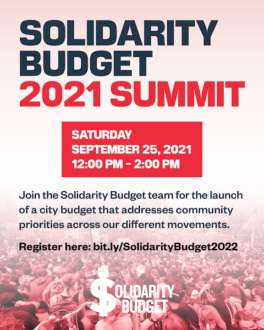 A flyer advertising the 2021 Solidarity Budget Summit on September 25th from 12-2pm.