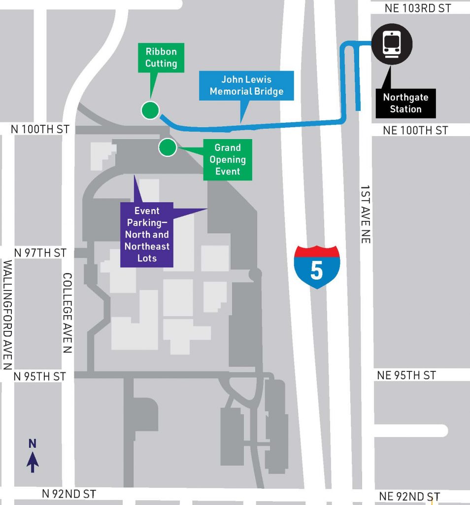 A map of the Northgate Station area showing where the John Lewis Memorial Bridge crosses over Interstate 5. The ribbon cutting and opening event identified as taking place near N 100th St. Parking is identified between N 97th St and N 100th St. 