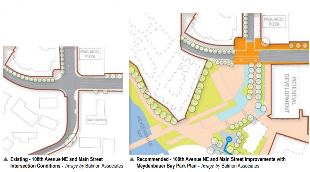 A graphic showing proposed intersection improvements at 100 Avenue NE and Main Street. 