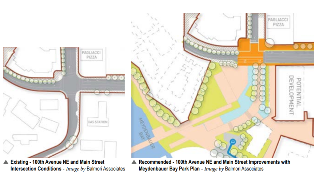 A graphic showing proposed intersection improvements at 100 Avenue NE and Main Street. 