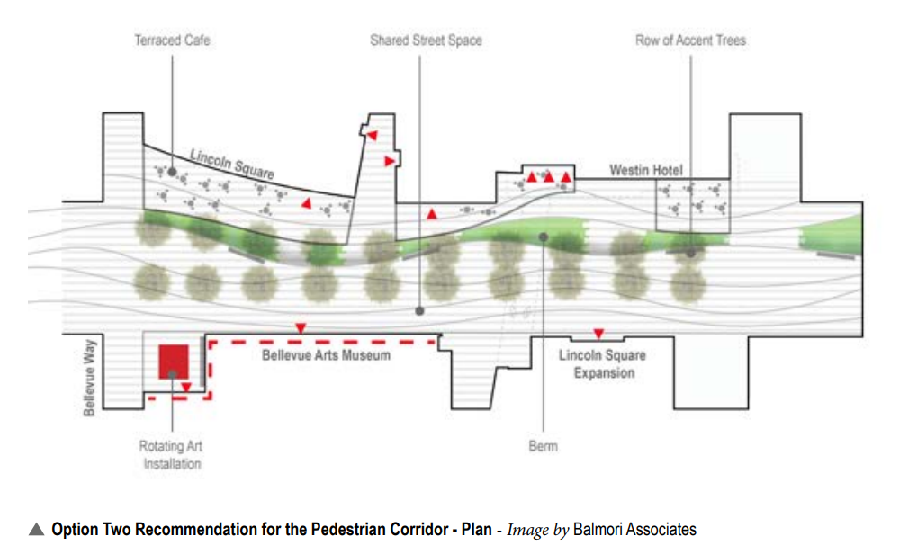 A rendering of option two recommendation for the pedestrian corridor which shows a different placement for the Bellevue Arts Museum. 