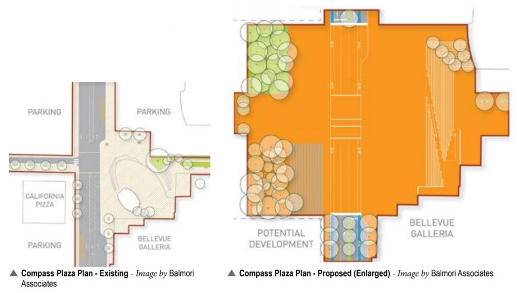 A rendering of the layout of the existing and proposed Compass Plaza plans. 