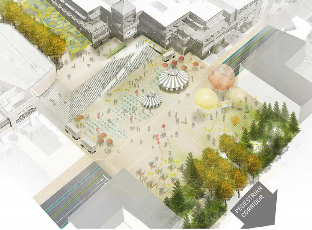 A detailed rendering of Compass Plaza with ideas for tents for programming, trees, and access to the pedestrian corridor marked. 