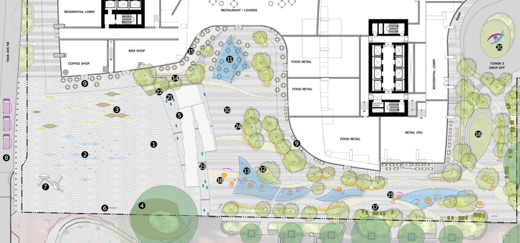 An aerial rendering of the pedestrian corridor, plaza, and commercial development. 