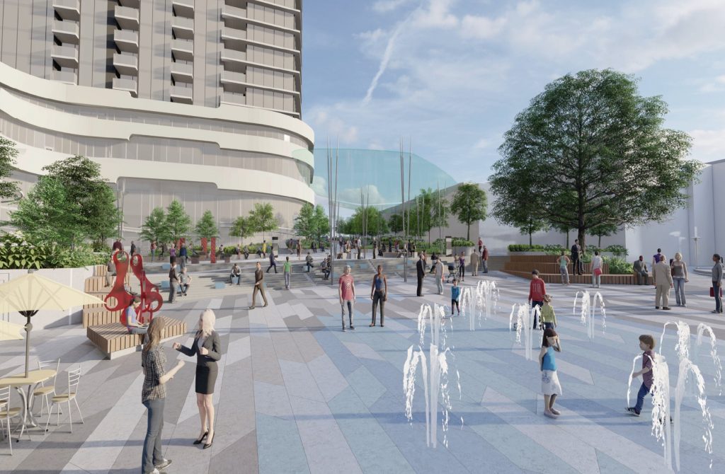 A rendering of proposed Compass Plaza with a water play feature in front of the Onni development. 