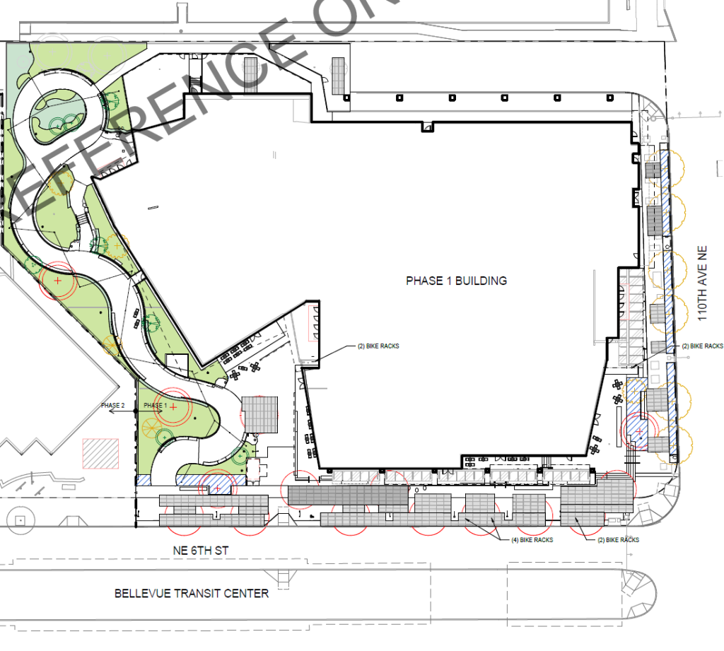 An aerial drawing of the buildings and planned public space near the Bellevue Transit Center. 