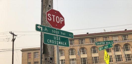 Street sign reading SODO Trail