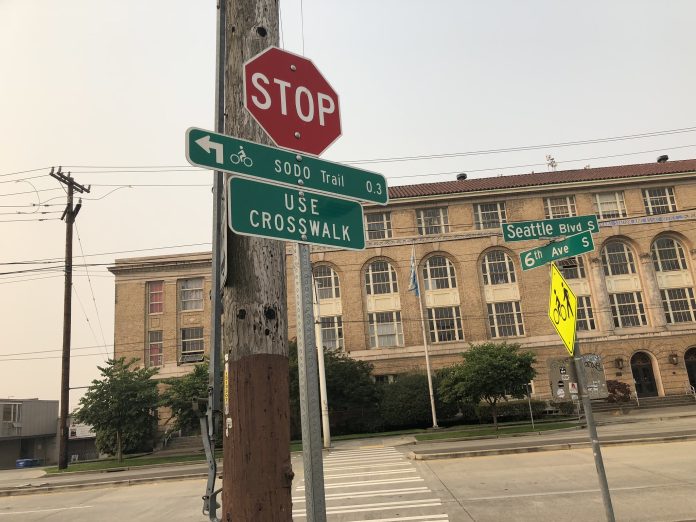 Street sign reading SODO Trail