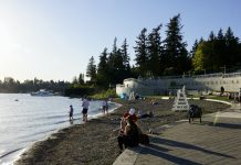 Improving Bellevue’s Grand Connection: Part 1 – Lake Washington and Main Street A photo of people sitting a small beach on a sunny day with evergreen trees in the background.