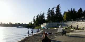 A photo of people sitting a small beach on a sunny day with evergreen trees in the background.