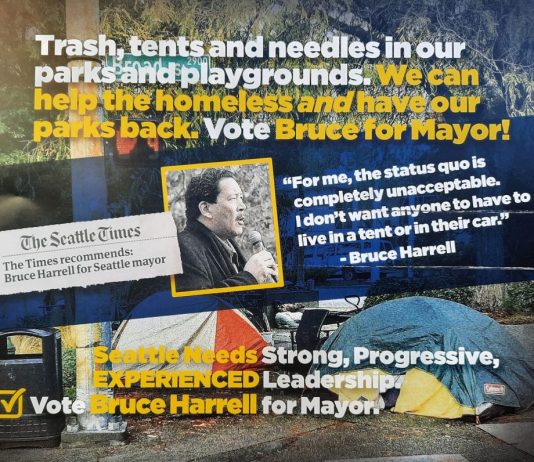 Disingenuous vs. Bad Faith: Arguments and the Way We Receive Them "Trash, tents and needles in our parks and playgrounds. We can help the homeless *and* have our parks back. Vote Bruce for Mayor," read the top line of the mailer. Next to a head shot of Bruce Harrell a quote is included: "Fore me, the status quo is completely unacceptable. I don't want anyone to have to live in a tent or in their car."