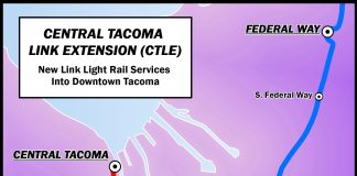 A map showing a light rail alignment running from Federal Way through Fife, East Tacoma, and the Tacoma Dome. The line terminates in central Tacoma after Union Station.