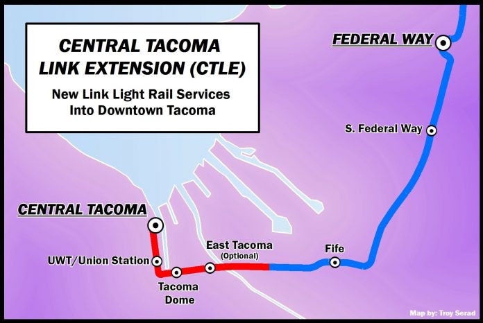 A map showing a light rail alignment running from Federal Way through Fife, East Tacoma, and the Tacoma Dome. The line terminates in central Tacoma after Union Station.