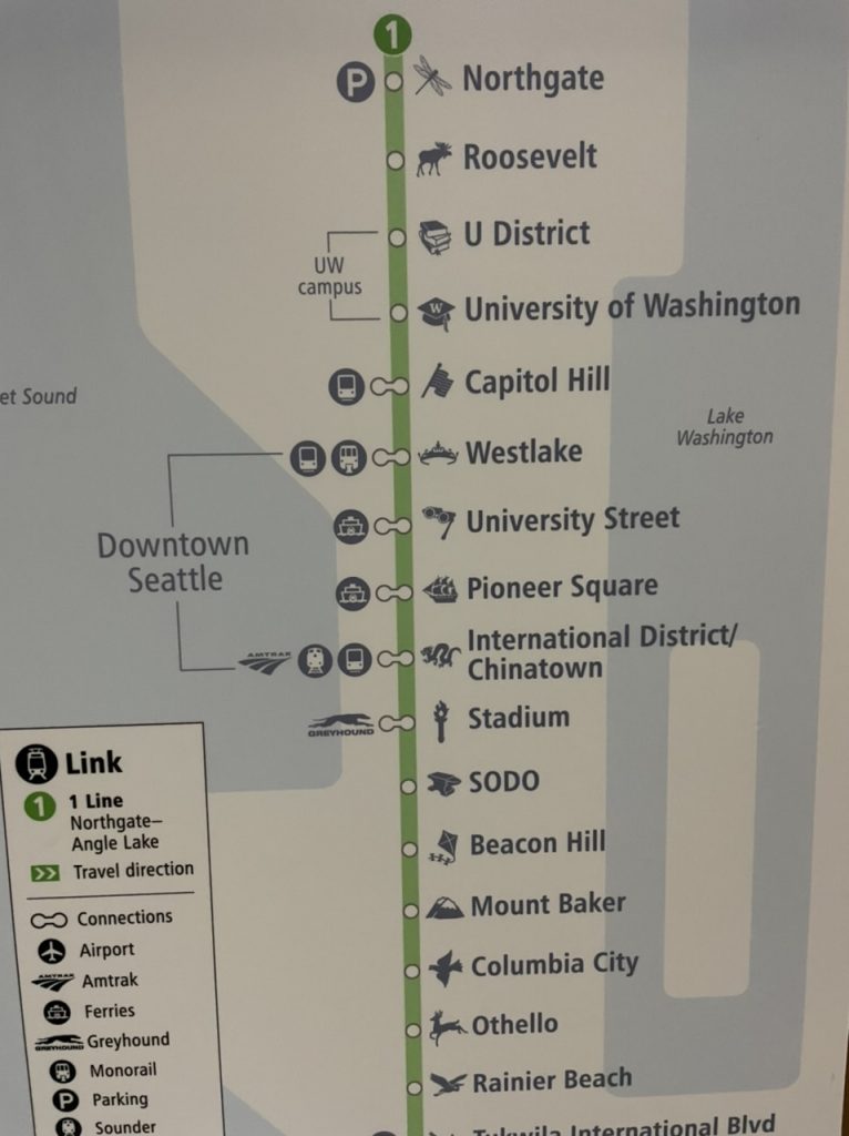 A vertical version of a similar diagram for the 1 line shows brackets to indicate the four Downtown Seattle stations and another bracket to indicate the two stops on UW's Seattle campus.