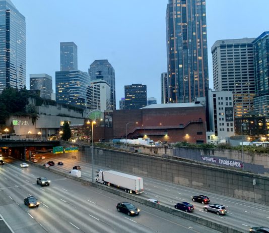 Seattleites Concerned Over Condition of Interstate 5, a Poll Shows A photo shows the I-5 freeway in Downtown Seattle near the Washington State Convention Center.