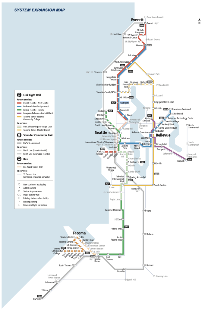 Pre-Realignment ST3 map shows Everett Link opening in 2036, Ballard Link in 2035, and Tacoma Dome Link and West Seattle Link in 2030.