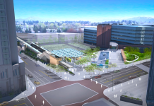 Improving Bellevue’s Grand Connection: Part 3 – Downtown Link Light Rail to I-405 Lid Park The rendering shows a light rail station connected to a park near roads.