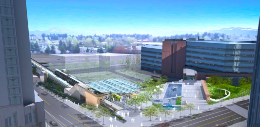 The rendering shows a light rail station connected to a park near roads.