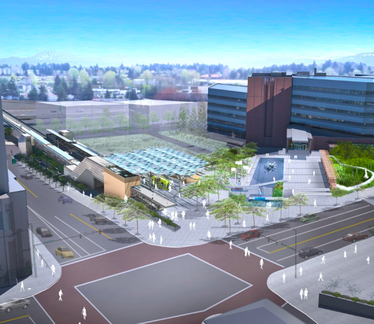 Improving Bellevue’s Grand Connection: Part 3 – Downtown Link Light Rail to I-405 Lid Park The rendering shows a light rail station connected to a park near roads.