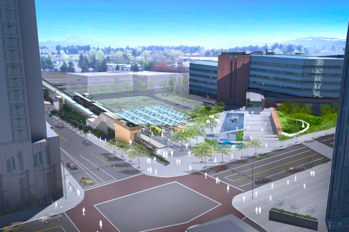 The rendering shows a light rail station connected to a park near roads.