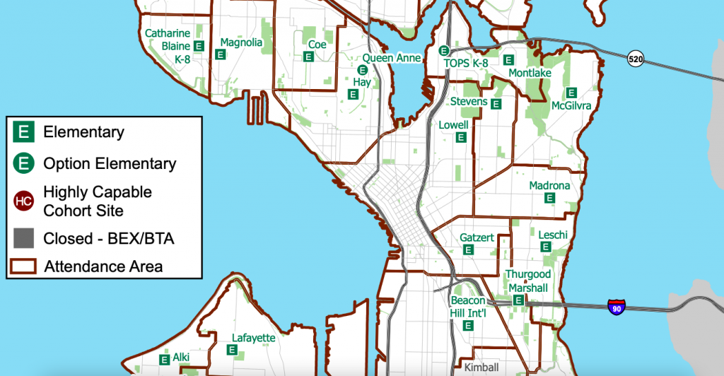 A map of central Seattle outlines the  boundaries for elementary schools, with no elementary schools close to Downtown. 