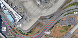 A photo shows an roadway leading to an airport terminal. Colors are used to identify where the roadway will be expanded.