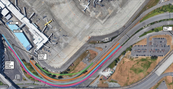 A photo shows an roadway leading to an airport terminal. Colors are used to identify where the roadway will be expanded.