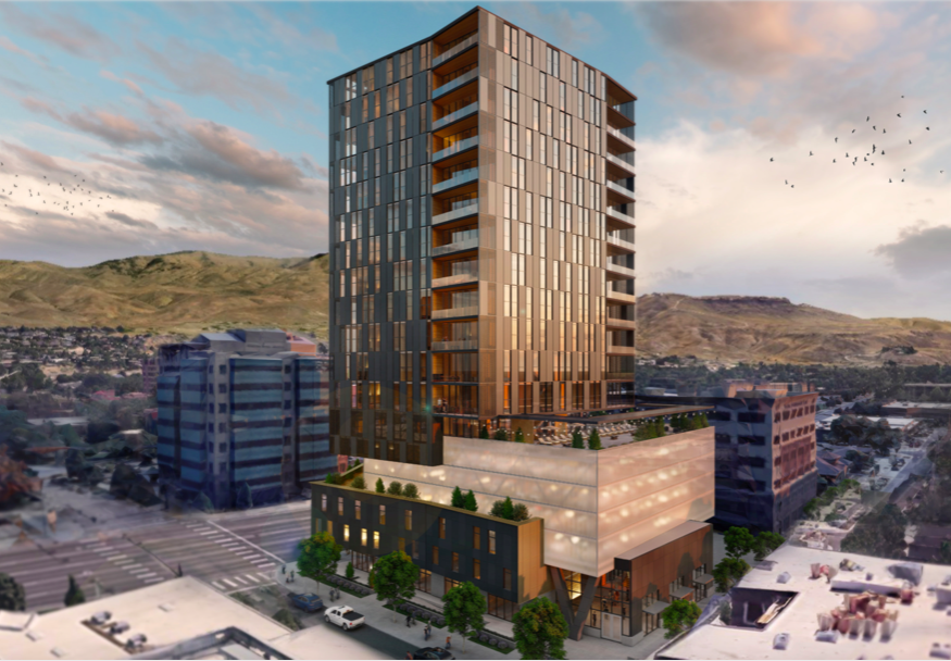 A rendering of a copper color tower with the Boise mountains in the distance. 