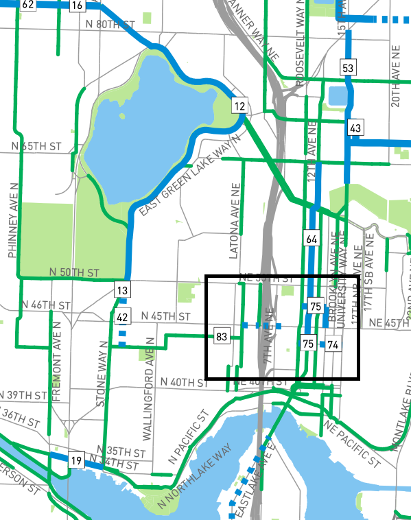 A map showing the City of Seattle bicycle master plan in North Seattle with facilities marked in blue and green depending on their type. 