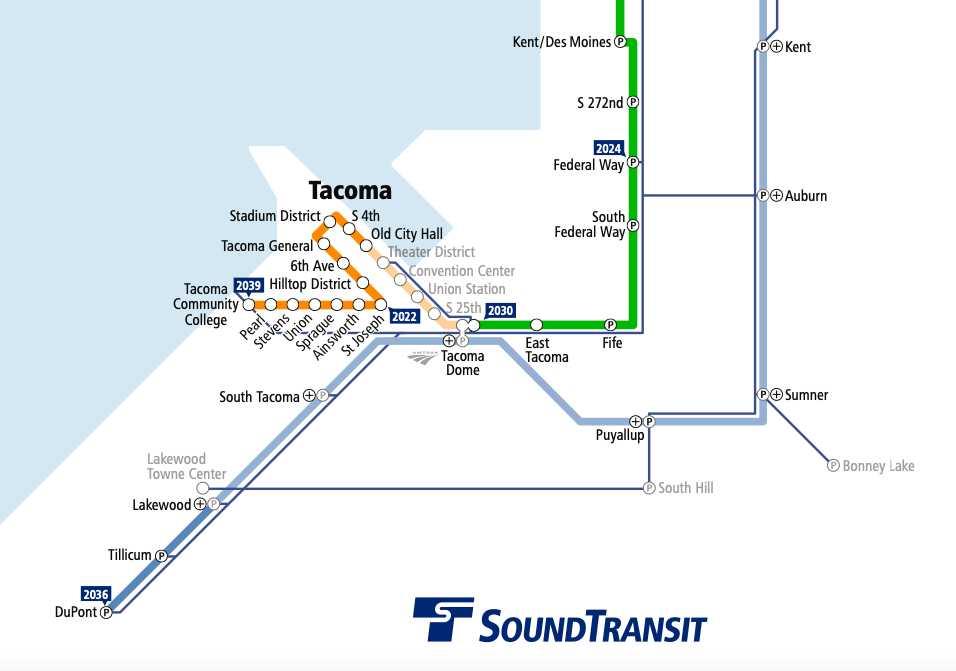 A map of the proposed Link routes in Tacoma and stations. 