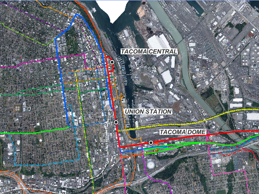 A map showing transit routes through Tacoma with lines identified by different colors.