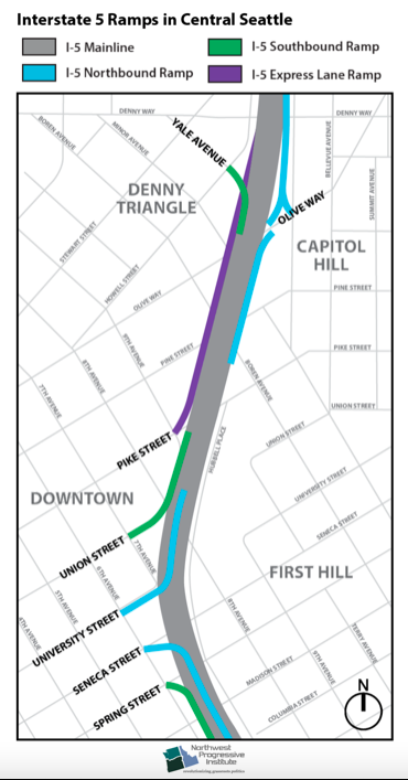 A map shows the stretch of I-5 in Downtown Seattle with entrance and exit ramps identified. 
