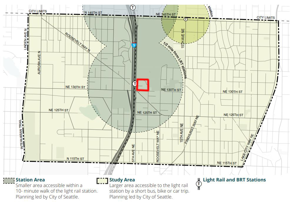 A map shows the 130th Street light rail station area. A single block is outlined in red. 