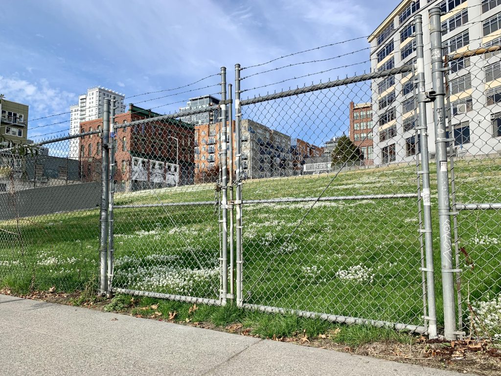 A photo of a chainlink fence surrounding a green field with tall buildings in the background.