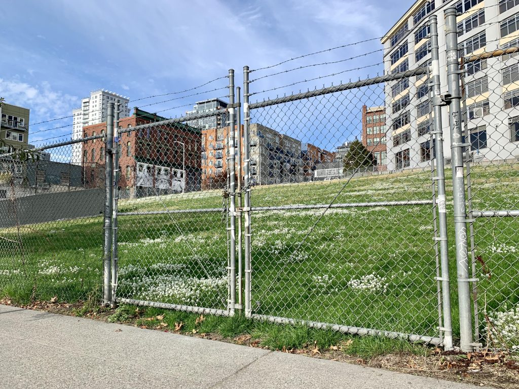 A photo of a chainlink fence surrounding a green field with tall buildings in the background.