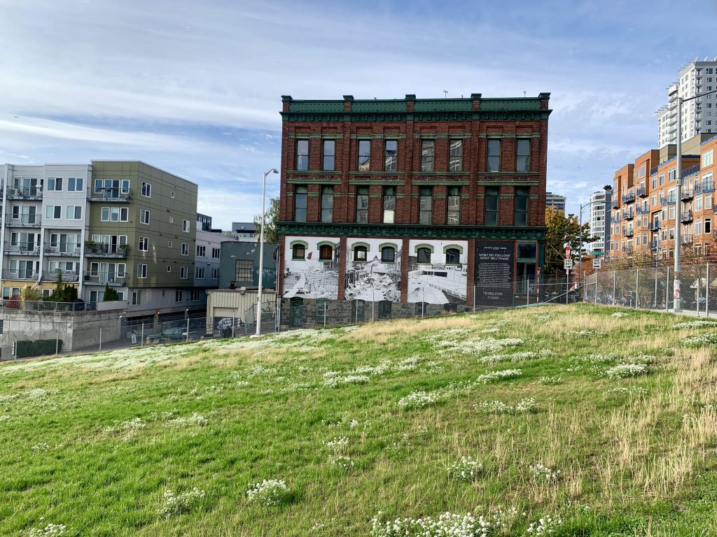 A photo of a green field with a chainlink fence and brick building with a white mural in the background.
