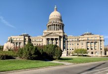 Exploring Mountain Lion Urbanism in Boise A photo of the Idaho capitol, a classical style building with a dome. A bike lane is marked on the street in front of it.