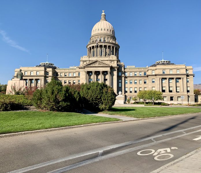 A photo of the Idaho capitol, a classical style building with a dome. A bike lane is marked on the street in front of it.