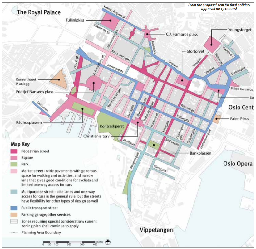 Map of Central Oslo with many streets pink and red indicating they are for pedestrians, with green park space and blue space for public transport