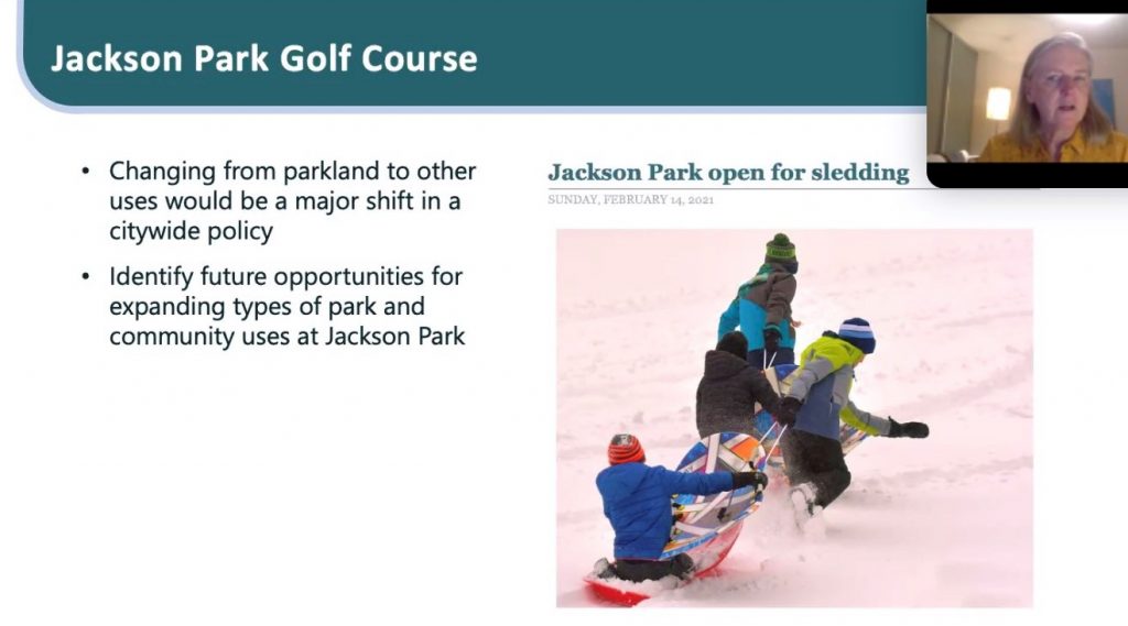An excerpt from a Zoom presentation show a slide about the Jackson Park Golf course. A photo shows children playing in the snow. 