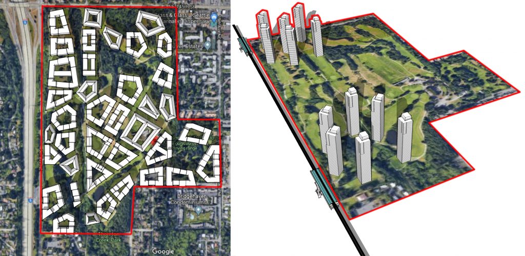 Two renderings depict a tower development scenario for Jackson Park golf course. 
