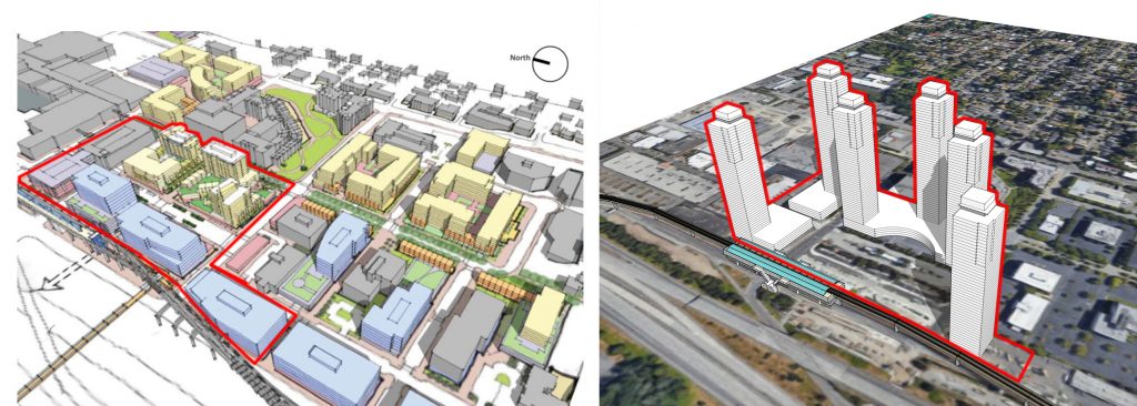 Two renderings show the current zoned development scenario for mid-rise buildings and a possible high-rise development scenario with six towers surrounding the station. 