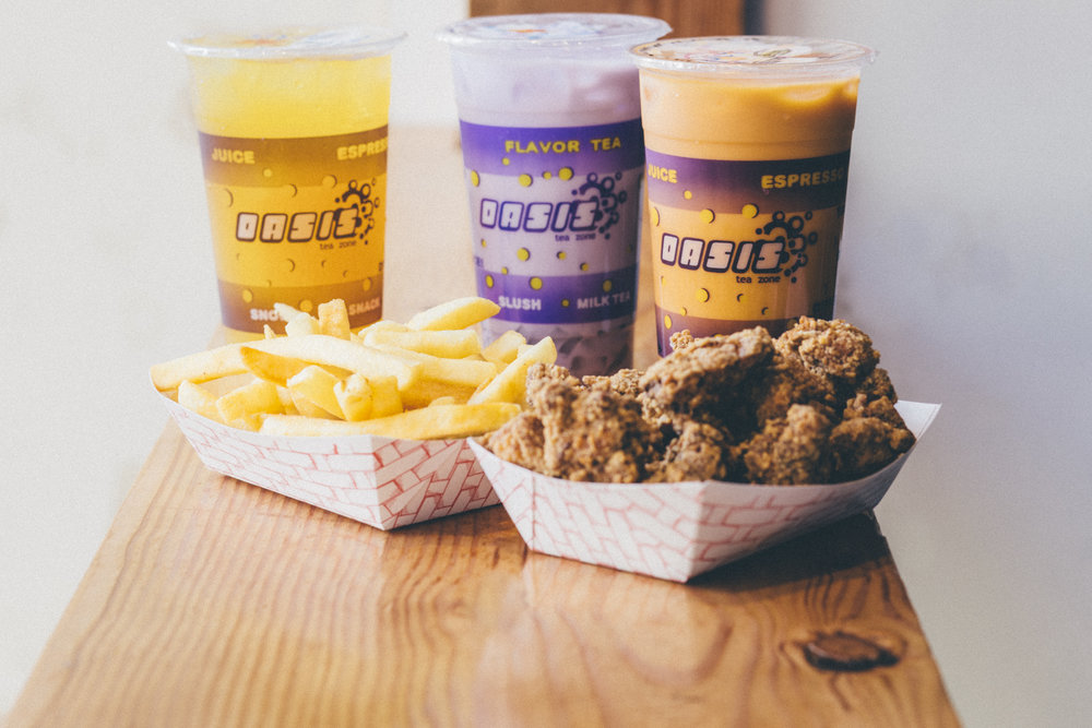 Three drinks options, French fries, popcorn chicken available at Oasis Tea Zone's U District location
