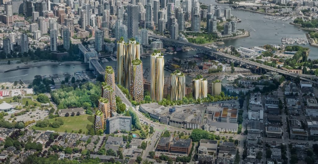 A rendering shows towers of varying heights with green roofs in the the riverfront in Vancouver, BC.