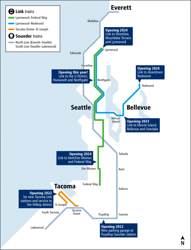 Map shows scheduled openings for each ST2 Map with Lynnwood, Federal Way and Redmond Link all opening in 2024.