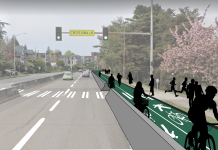 SDOT Studying Options to Finish Green Lake Bike Loop in New Survey A rendering shows a green two-way bike facility with a concrete barrier next to the highway. Silhouette figures shows future users.