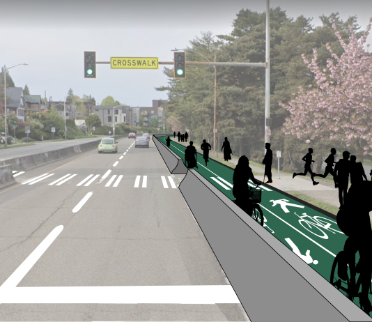SDOT Studying Options to Finish Green Lake Bike Loop in New Survey A rendering shows a green two-way bike facility with a concrete barrier next to the highway. Silhouette figures shows future users.